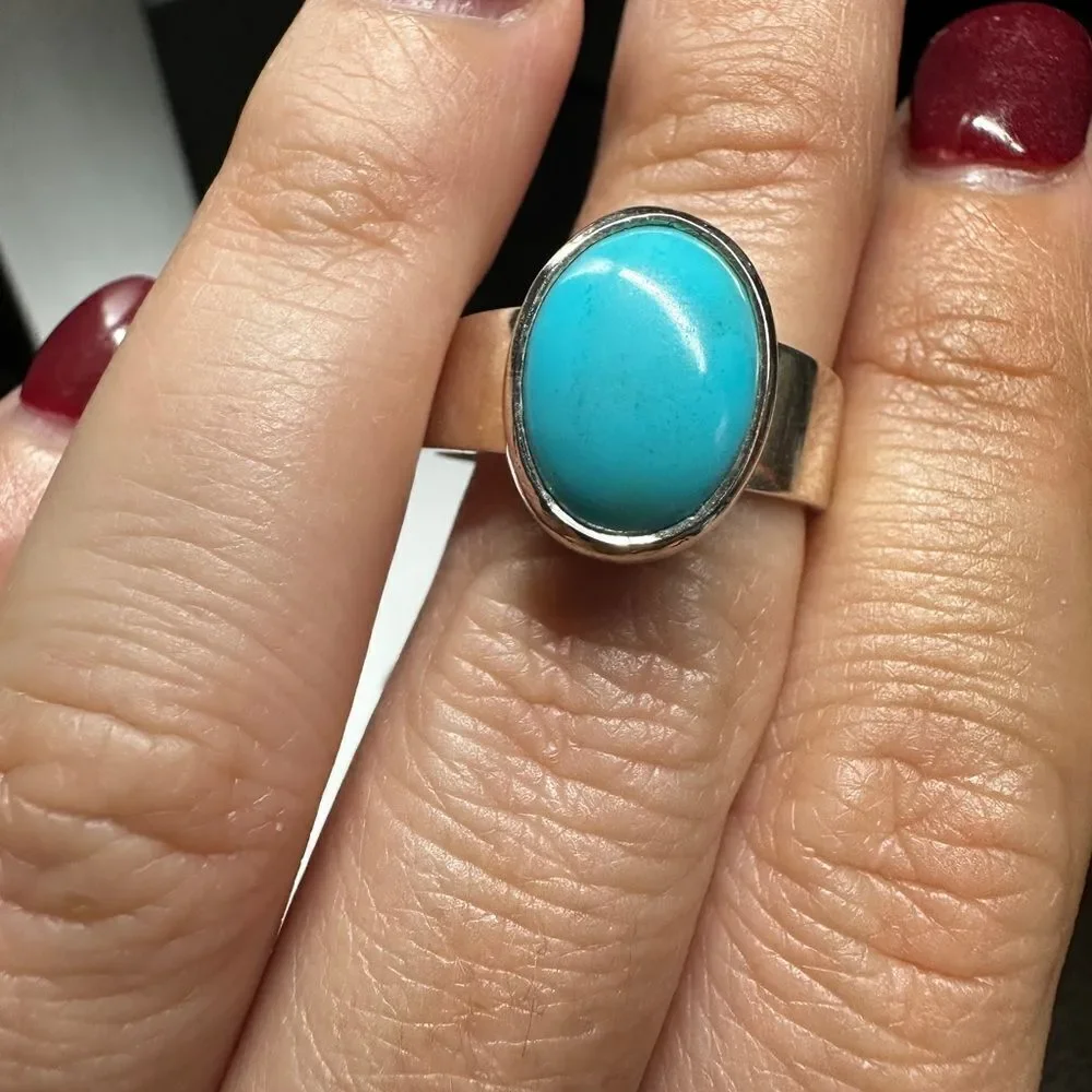 Unisex 3ct oval cabochon turquoise in solid sterling silver‎ ring!